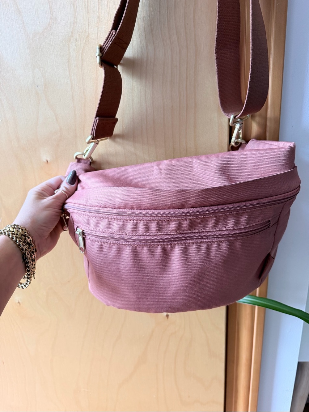 Dusty Rose Canvas Crossbody Bag with Adjustable Brown Strap